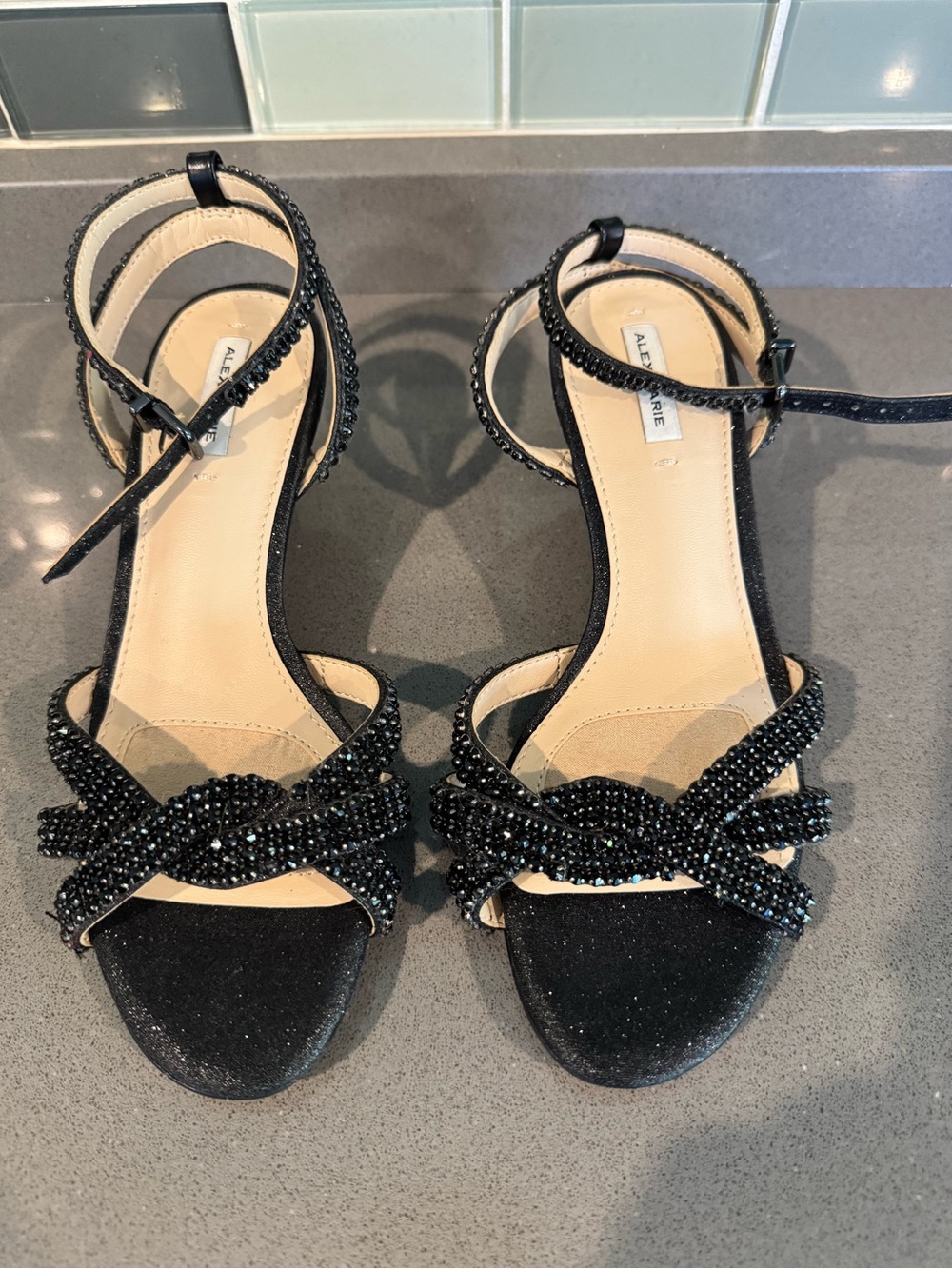 Alex Marie Black Crystal-Knot Ankle-Strap Heels